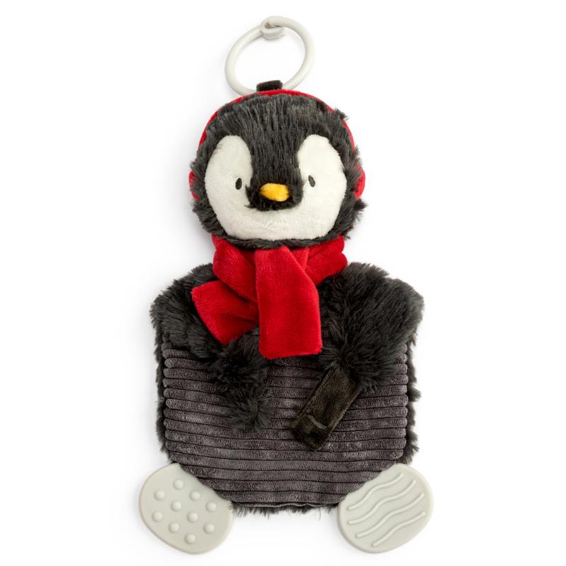 Demdaco Penguin Teether Buddy, a 7x10 inch soft plush toy with a textured body, scarf, and teethable parts, designed for infants.