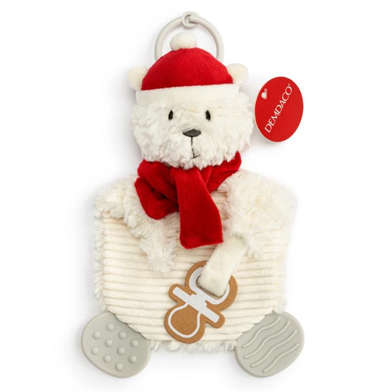 Demdaco Polar Bear Teether Buddy, 7x10 inches, featuring a white bear dressed in a red scarf and hat, with a teether attached.
