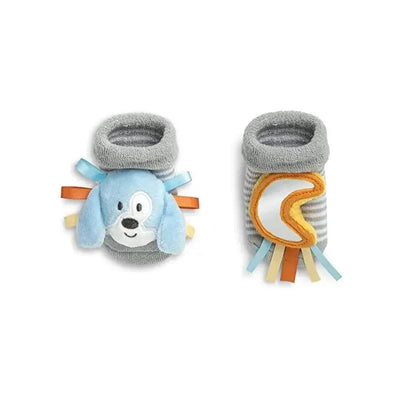 Rattle socks featuring a cute gray and blue puppy design with colorful ribbons and textures for tactile engagement.