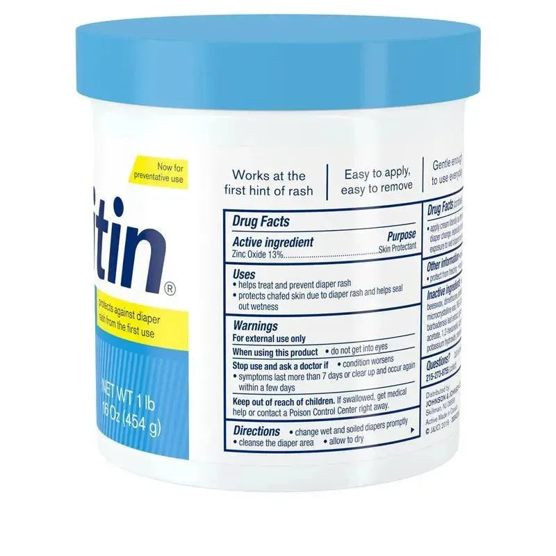 Desitin 16 oz rapid relief blue jar for baby diaper rash; features zinc oxide, directions, and usage warnings on the label.
