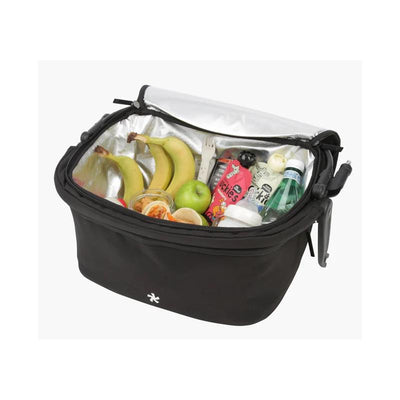 Black DFY R1 Cool Box containing bananas, an apple, beverages, and snacks, with a silver insulated liner visible.