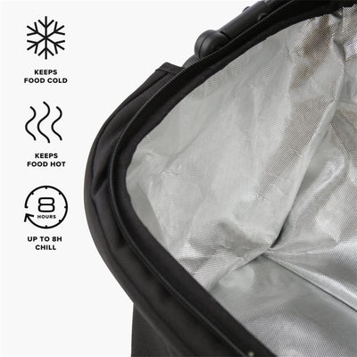 Black DFY - R1 Cool Box with insulated interior; features important icons indicating it keeps food cold, hot, and chilled for up to 8 hours.