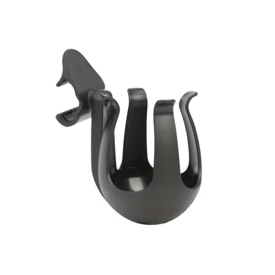 Black R1 cup holder designed for secure attachment, featuring curved slots for holding cups and beverages.
