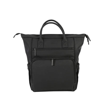 Black DFY - R1 Diaper Backpack featuring multiple zippered pockets and sturdy handles for easy carrying.