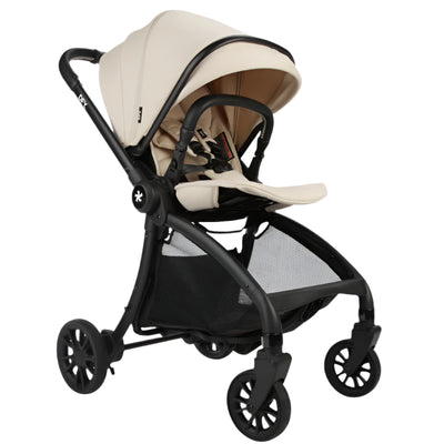 Cream-colored DFY R1 Single Stroller with a black frame, adjustable canopy, and safety harness, showcasing its compact design.