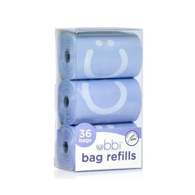 Ubbi lavender-scented on-the-go refill bags, 36 count, displayed in a transparent packaging, featuring a smiley logo.