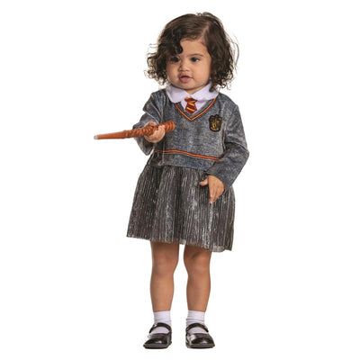 Gryffindor Hermione Posh Infant Costume featuring a sweater with house emblem, a pleated skirt, and a wand.