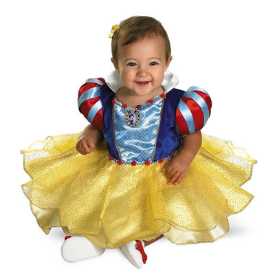 Infant costume resembling Snow White, featuring a blue bodice, red and white puff sleeves, and a yellow sparkly skirt.