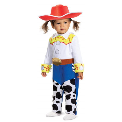 Infant costume featuring a character design with a white top, blue pants with cow print, and a red cowboy hat.
