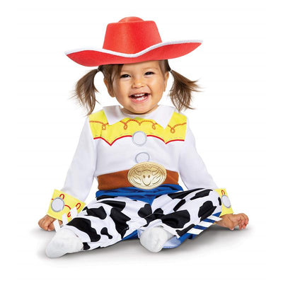 Jessie Deluxe Infant Costume featuring a smiling child in a colorful cowboy outfit with a red hat and cow-print pants.