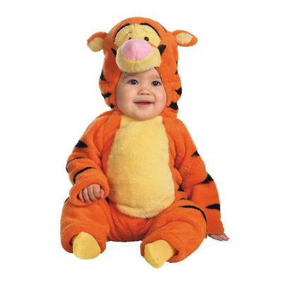 Deluxe two-sided plush Tigger jumpsuit costume for children, featuring an orange and yellow design with face hood.