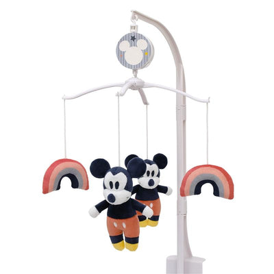 Disney Mickey & Friends musical mobile featuring plush Mickey Mouse toys and multi-colored rainbow decorations.