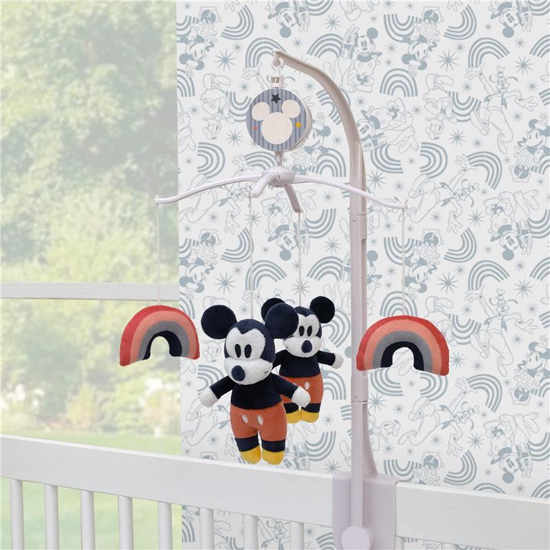 Disney Mickey Mouse musical mobile featuring plush Mickey dolls and multi-colored rainbows, designed for nursery decor.
