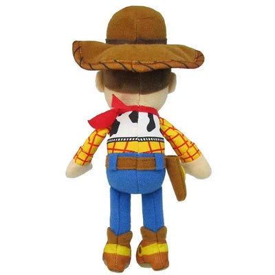 Small plush toy of Woody from Toy Story, featuring a cowboy hat, red scarf, checkered shirt, and blue jeans.