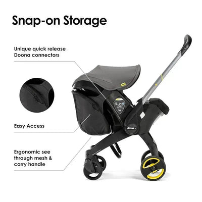 Snap-On Storage for Doona Car Seat & Stroller; features unique connectors, easy access zip, and ergonomic mesh carry handle.