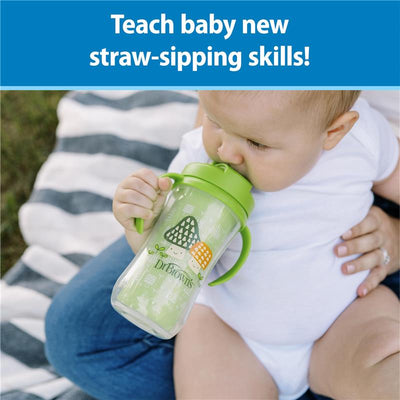 10 oz Dr. Brown insulated straw cup in blue and green held by a baby, promoting straw-sipping skills.