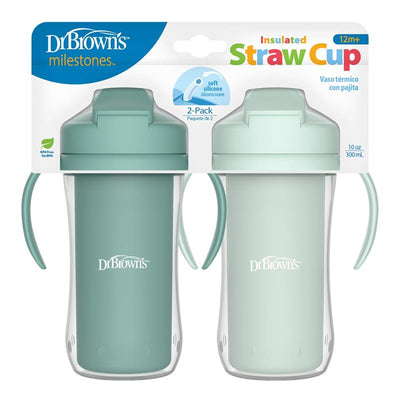 10 oz insulated straw cups in green, 2-pack, featuring soft silicone straws and ergonomic handles, BPA-free.