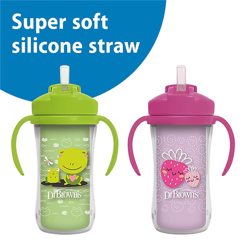 Dr. Brown 10 Oz Insulated Straw Cup, Pink/Green, Strawberry Frogs, 2Pk Image 3