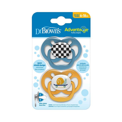 Two Dr. Brown Advantage pacifiers, Stage 2. One is blue with a checkered design, the other is orange with a snail graphic.