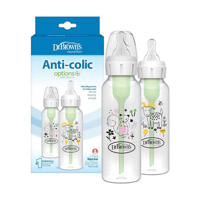 Dr. Brown 2Pk Anti-Colic Options+ Narrow Baby Bottle 8Oz/250Ml, Squirrel/Goat Image 1
