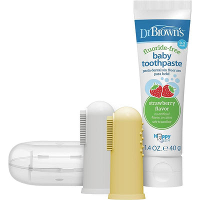 Dr. Brown 2Pk Silicone Finger Toothbrush With Case, Gray/Yellow With Strawberry Toothpaste, 1.4Oz/40G Image 1