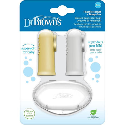 Two Dr. Brown silicone finger toothbrushes in gray and yellow with a storage case, featuring soft bristles for babies.