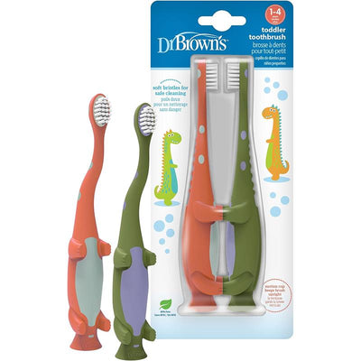 Dr. Brown 2Pk Toddler Toothbrush, Dinosaur, Green & Orange Image 1