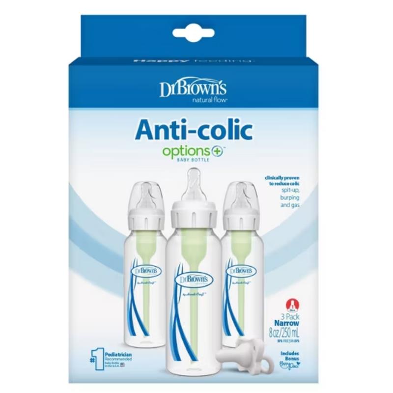 Dr. Brown 3Pk Anti-Colic Options+ Narrow Baby Bottle with Level 1 Slow Flow Nipple & HappyPaci Pacifier 8oz/250ml Image 2