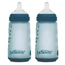 Two Dr. Brown 9 oz silicone baby bottles in blue, featuring measurement markings and nipples on top.