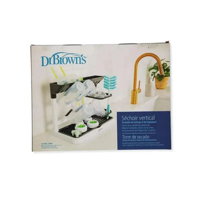 Stand-up drying rack for baby bottles with organized storage, featuring multiple slots and drying accessories.