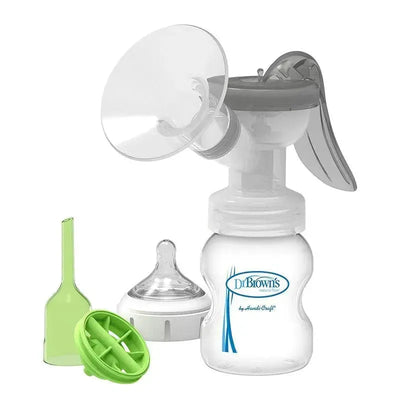 Manual breast pump by Dr. Brown featuring a Softshape silicone shield, along with a bottle, nipple, and cleaning accessories.