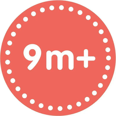 9m+ age recommendation icon in a coral circular design with white polka dots and bold text.