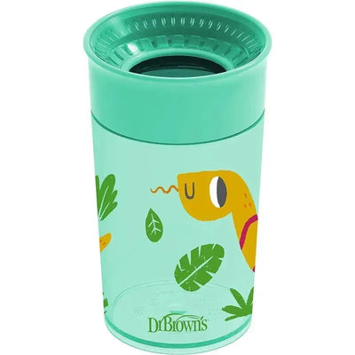 Turquoise sippy cup featuring a playful snake design and leaves, 10 oz capacity, designed for toddlers.