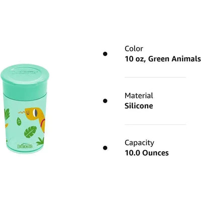 Turquoise sippy cup with green animal designs, 10 oz capacity, made of silicone, ideal for transitioning toddlers.