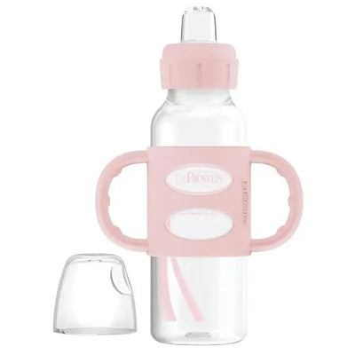 Narrow light pink sippy spout bottle by Dr. Brown, 8 oz, featuring silicone handles and a removable cap.