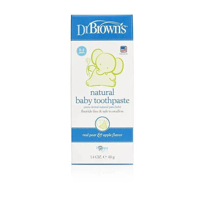 Natural baby toothpaste for ages 0-3, featuring an elephant design, fluoride-free, with pear and apple flavor.