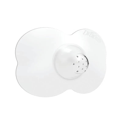 Nipple shield in white with a central raised area and perforations, branded Dr. Brown, designed for breastfeeding support.