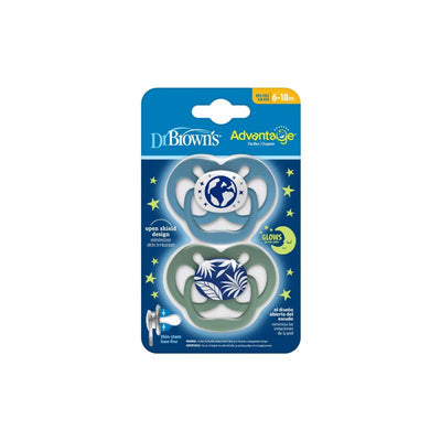 Dr. Brown’s Advantage Pacifiers, Stage 2, glow-in-the-dark, blue, 2-pack, featuring open shield design and starry background.