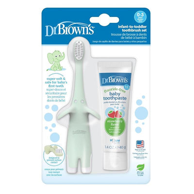 Dr. Brown’s Infant-to-Toddler Training Toothbrush Set, Mint Elephant with Fluoride-Free Strawberry Baby Toothpaste Image 1