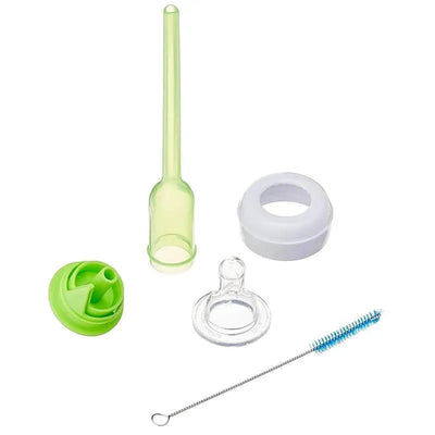 Dr. Brown’s Natural Flow Options Bottle, 8oz, 2-pack, includes various parts: a green nipple, clear collar, white ring, and cleaning brush.