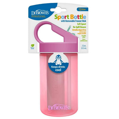 Dr. Brown Sport Bottle, 12oz, pink with removable freezer stick, soft spout, no-spill closure, keeps drinks cool.