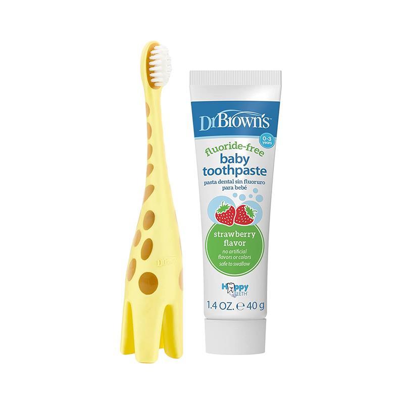 Dr. Brown's Infant-to-Toddler Training Toothbrush Set & Fluoride-Free Baby Toothpaste, Strawberry - Giraffe - 1.4oz - 0-3 Years