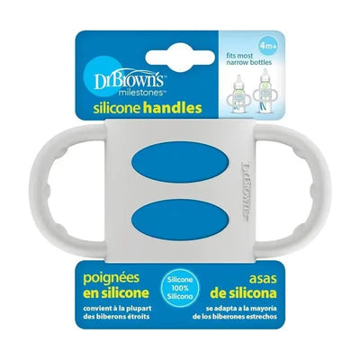 Gray silicone handles for baby bottles, featuring blue grips. Suitable for most narrow bottles, recommended for 4 months+.