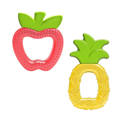 Two colorful water-filled teethers shaped like an apple and pineapple, BPA free, suitable for children 3 months and older.