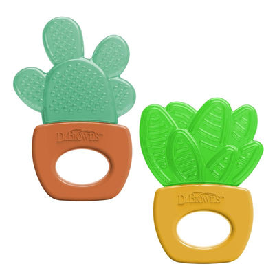 Two colorful cactus-shaped water-filled teethers, green and brown, designed for infants 3 months and older, BPA-free.