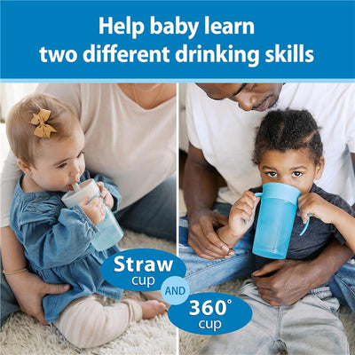 Toddler training cup set in blue, featuring a baby using a straw cup and a child with a 360° cup, promoting drinking skills.