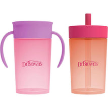 Dr. Brown's 2Pk Milestones Straw to 360 Convertible Toddler Training Cup Set with Interchangeable Silicone Straw and 360 Degree Cup Lids, Pink Cora Image 1