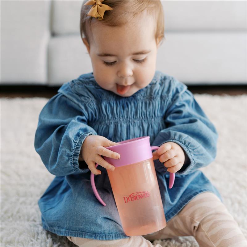 Dr. Brown's 2Pk Milestones Straw to 360 Convertible Toddler Training Cup Set with Interchangeable Silicone Straw and 360 Degree Cup Lids, Pink Cora Image 9