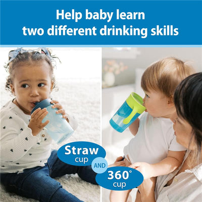 Convertible toddler training cup set featuring a child using a straw cup and another child with a 360° cup.