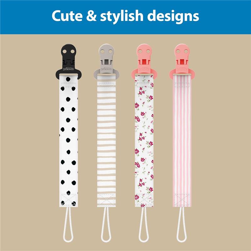 Dr. Brown's 2Pk Pacifier Clips, Universal Fit Fabric Strap for Pacifiers, Dots & Stripes Image 2